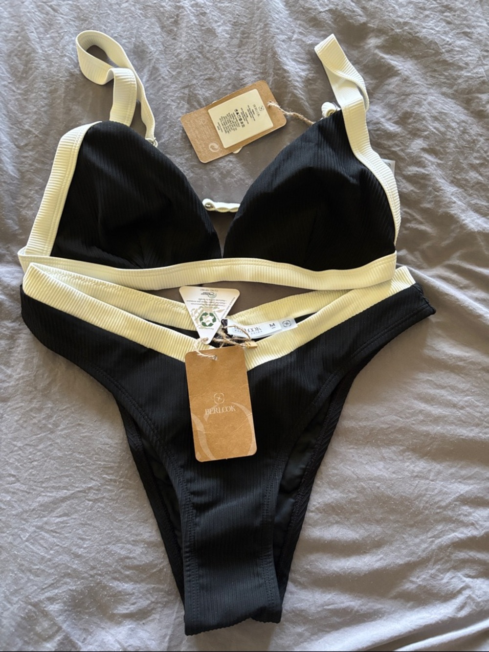 BERLOOK Black & Cream Ribbed Bikini Set